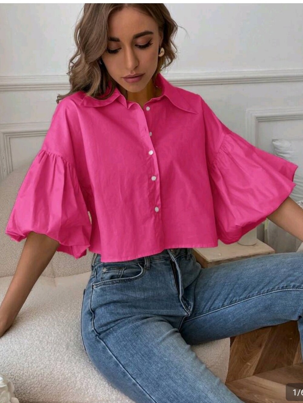 BUNDLE 2 Statement Lantern Puff Sleeve Crop Blouses Pink & Striped S/M